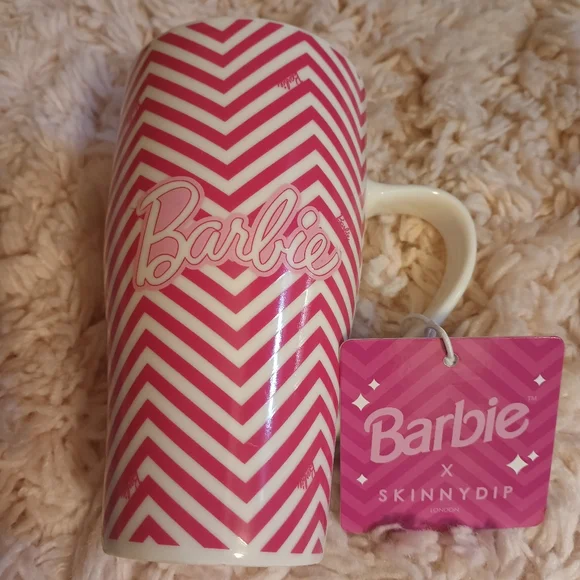 Barbie X SkinnyDip London Pink Chevron Ceramic Travel Mug & Lid, 16 Ounce. - Picture 2 of 5